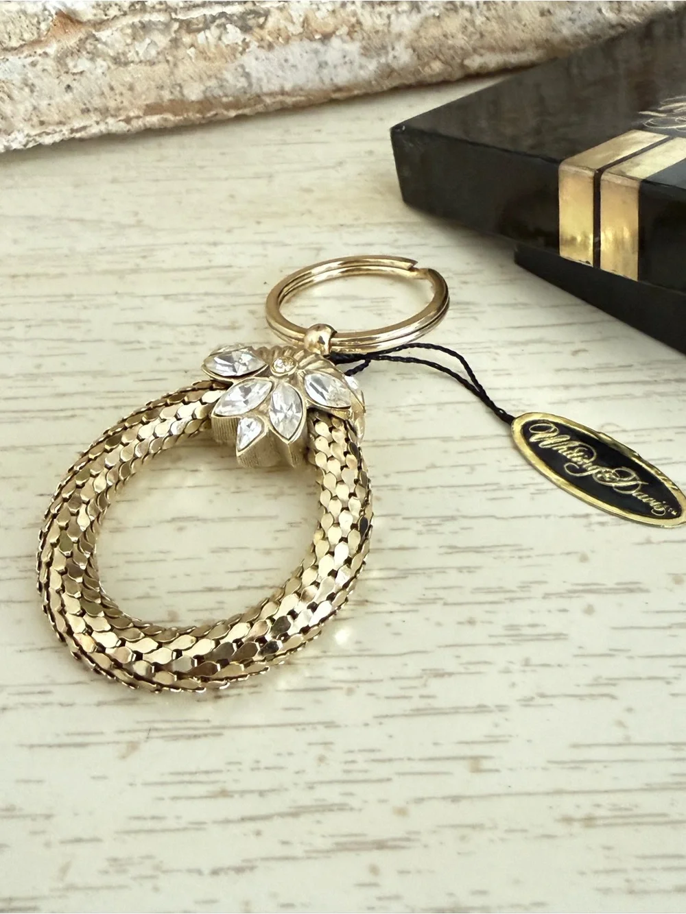 Vintage Whiting & Davis Gold Mesh Rhinestone  Key Ring / Keychain NWT